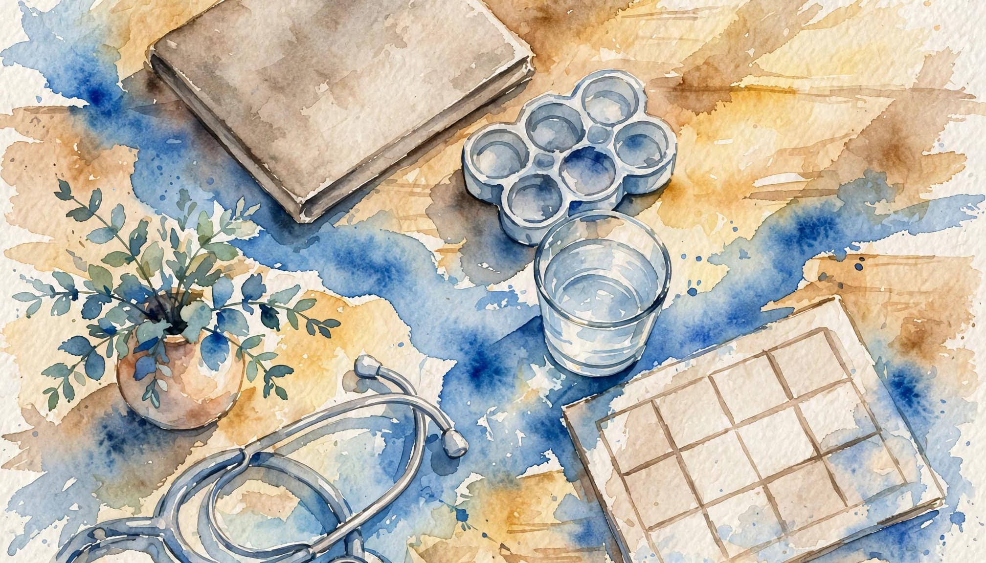 A notebook, pill organizer, blank calendar, and stethoscope on a sunny kitchen table.