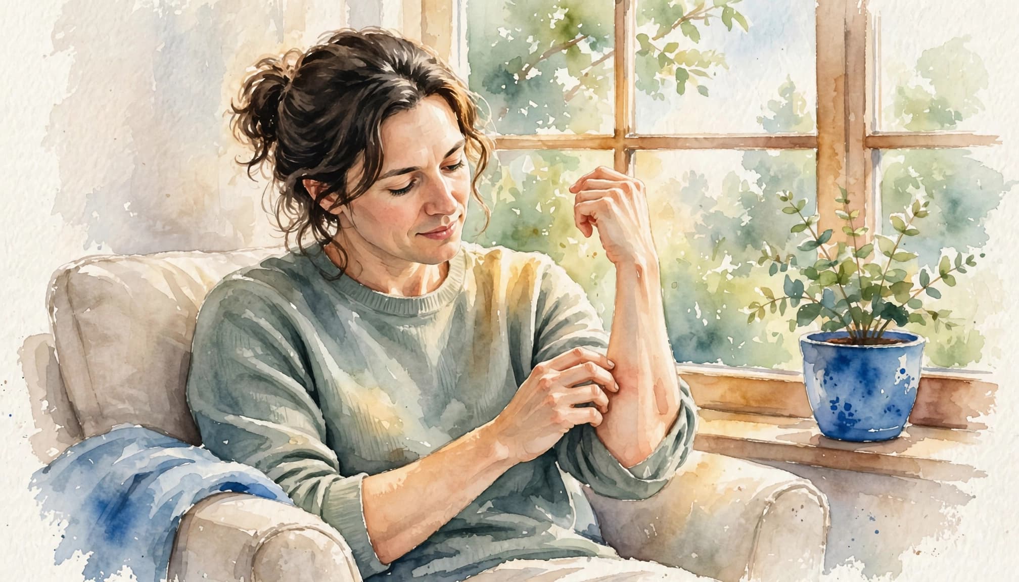 Watercolor painting of a woman sitting by a window, scratching her forearm.
