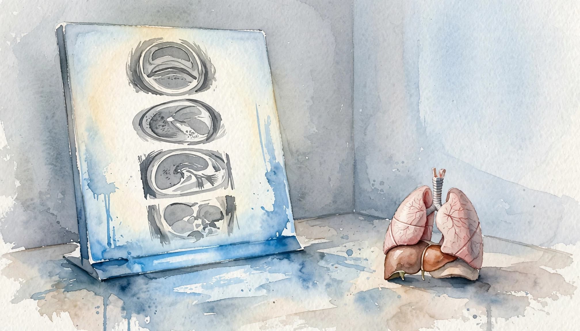 A watercolor scan panel and small lung-and-liver model sit on a radiology workstation.