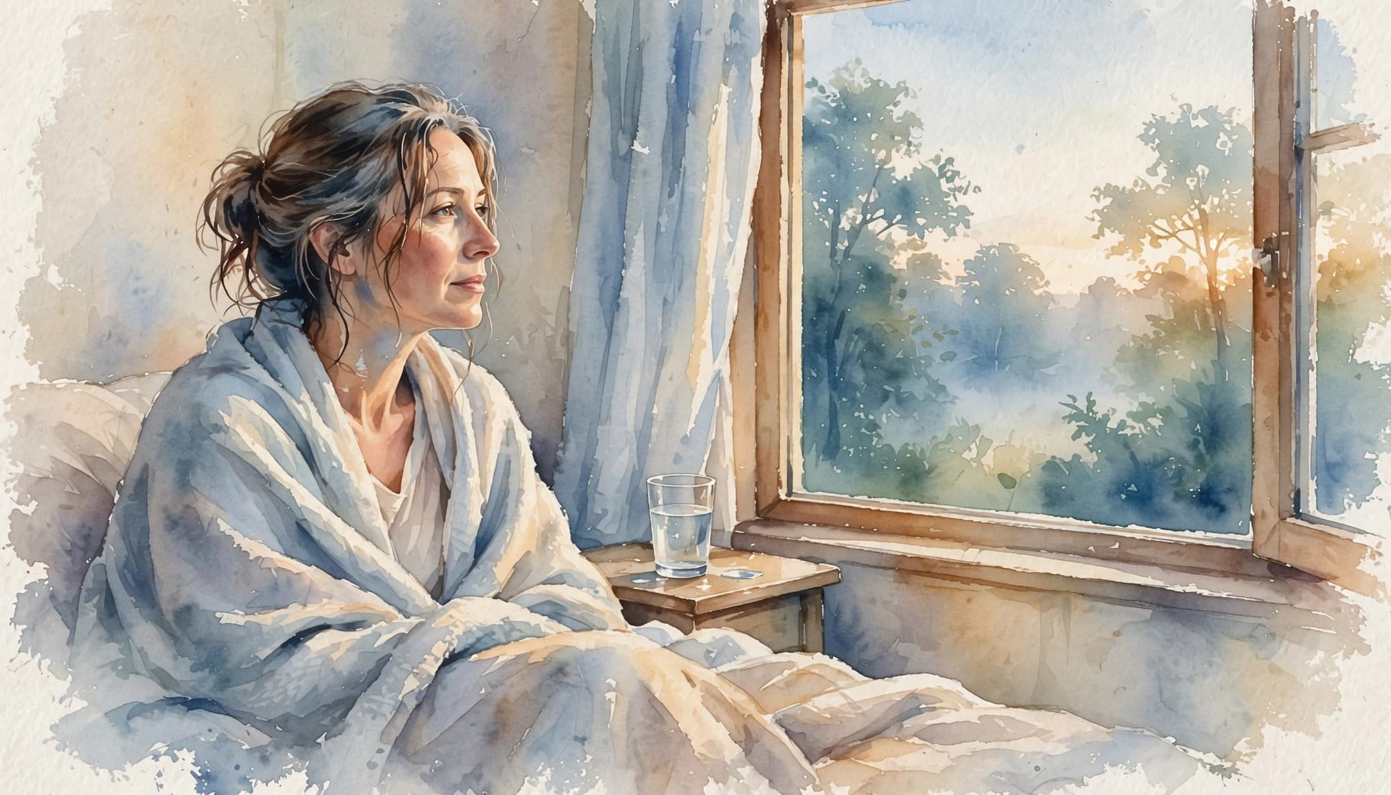 A woman wrapped in a light blanket sits by a bedroom window at dawn.