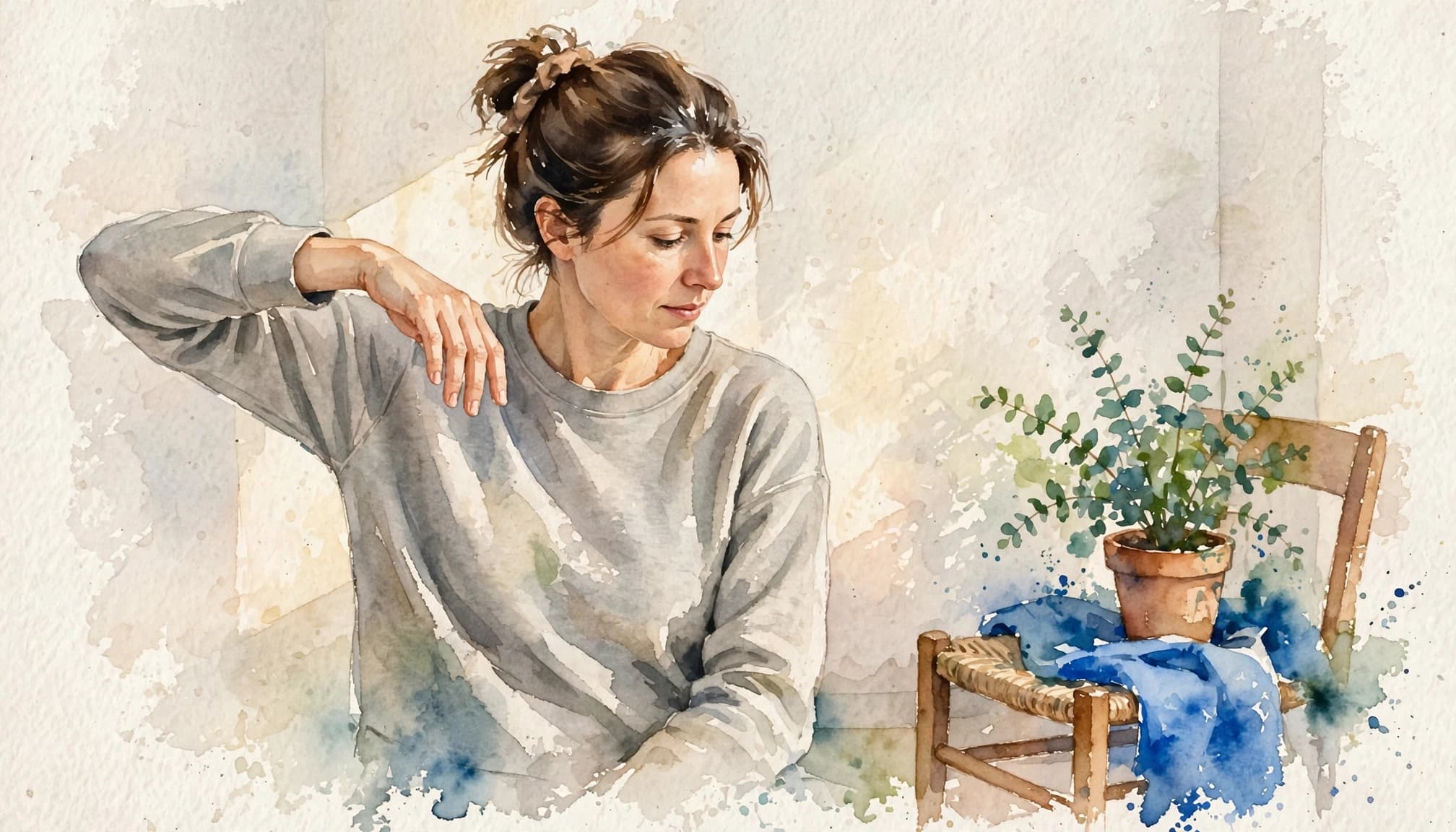 A woman gently raises one arm beside a chair and plant.