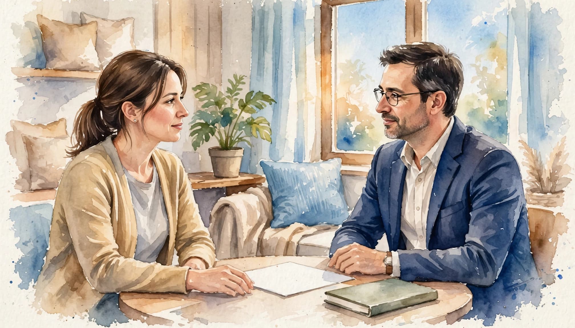 Two adults discuss a plan across a small table in a bright office.